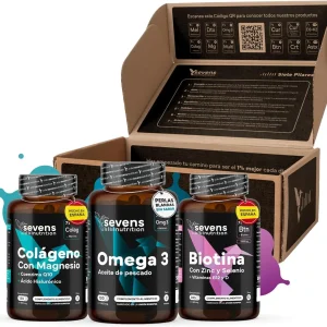 Pack Belleza: Biotina, Colágeno, Omega 3 Y Ácido Hialurónico. Sevens Nutrition. Vitaminas Para El Cabello, Piel Y Uñas