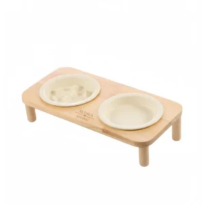 Bebedero/comedero De Bambú Y Cerámica Para Gatos Cala Blanca