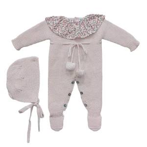 Conjunto pelele largo borlón + capota rosa nude CH45