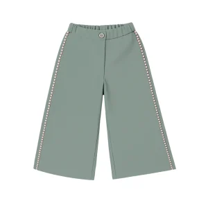 Pantalón largo ancho liquen kaki borlas rosas