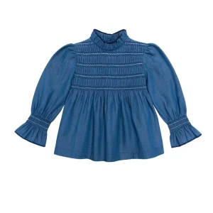 Blusa denim smock contraste azul y blanco